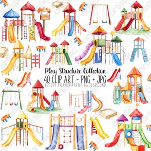 Könnte beinhalten: Eine Sammlung von 40 Aquarell-Illustrationen von farbenfrohen Spielplatzgeräten, darunter Rutschen, Schaukeln, Klettergerüste und Klettergerüste. Die Illustrationen sind auf transparentem Hintergrund und perfekt zum Erstellen von digitalen Designs, Einladungen oder Scrapbooking-Projekten.