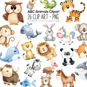 May include: A collection of 26 watercolor animal clip art images, including an owl, tiger, monkey, whale, rabbit, unicorn, koala, narwhal, leopard, lion, panda, zebra, and more. The text "ABC Animals Clipart" and "26 CLIP ART - PNG" is visible.