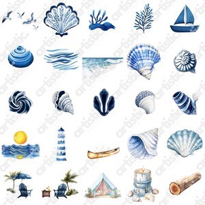 Coastal Printable Summer Decor Elements, featuring watercolor nautical items perfect for DIY projects, party invitations, and charming seaside-themed creations.