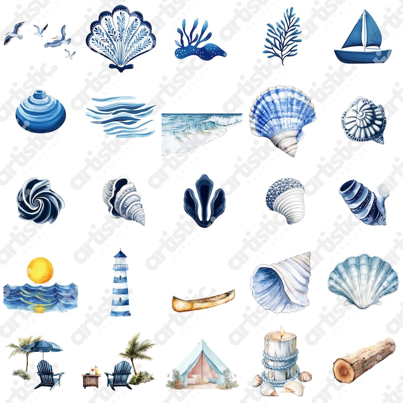 Coastal Printable Summer Decor Elements, featuring watercolor nautical items perfect for DIY projects, party invitations, and charming seaside-themed creations.