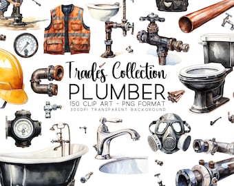 Watercolor Plumber Clip Art Bundle: Tools & Safety Gear (PNG Files)
