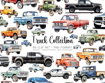 Truck Clipart PNG and Vintage Truck Art Collection, 90 Watercolor Transparent Truck Clipart Set, 12x12 Inches at 300dpi Truck Decals.