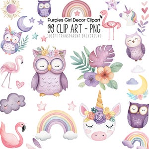 Lila Einhorn PNG Bundle, Pastell Kinderzimmer Dekor, schlafende Eule, Flamingo & Regenbogen, POD Bilddateien für Baby Zimmer Wandkunst