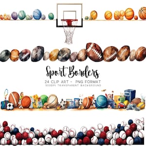 Bundle de cliparts sport frontière, baseball, basket-ball et football, PNG et JPG aquarelle, transparent, conceptions de crèche d'école