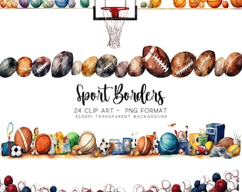 Akvarell sport clipart kantpaket: Baseboll, basket, fotboll (PNG och JPG)