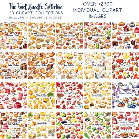 Mega Food Clipart Watercolor Bundle: Cake, Cookie, Fruit PNG (Digital Download)