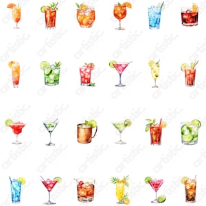 Grid layout showing all cocktail PNGs included in the collection, arranged cleanly on a white background with watermark for protection.