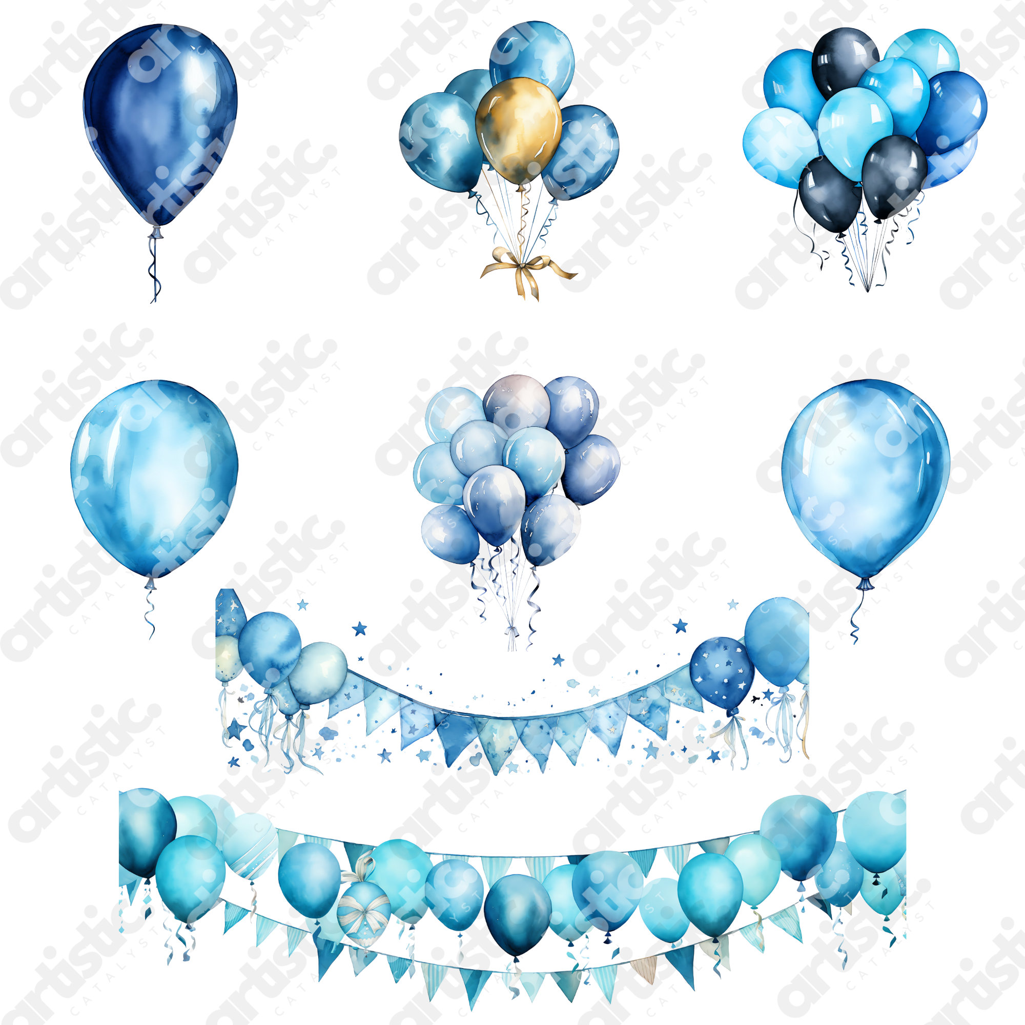 Blue Birthday Clipart: Watercolor Balloons, Cake, Gifts (PNG Digital ...