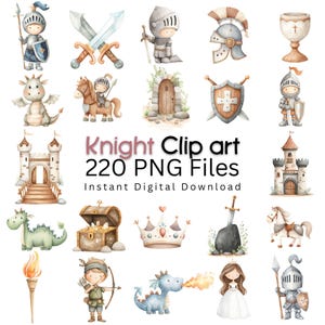 Puede incluir: Colección de ilustraciones en acuarela con caballeros, dragones, castillos y elementos medievales. El texto "Knight Clip art 220 PNG Files Instant Digital Download" se muestra. Las imágenes son de estilo caprichoso.