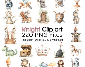 Puede incluir: Colección de ilustraciones en acuarela con caballeros, dragones, castillos y elementos medievales. El texto "Knight Clip art 220 PNG Files Instant Digital Download" se muestra. Las imágenes son de estilo caprichoso.