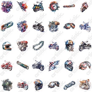Motorcycle clipart set with transparent and white background options for decals and paper crafts.