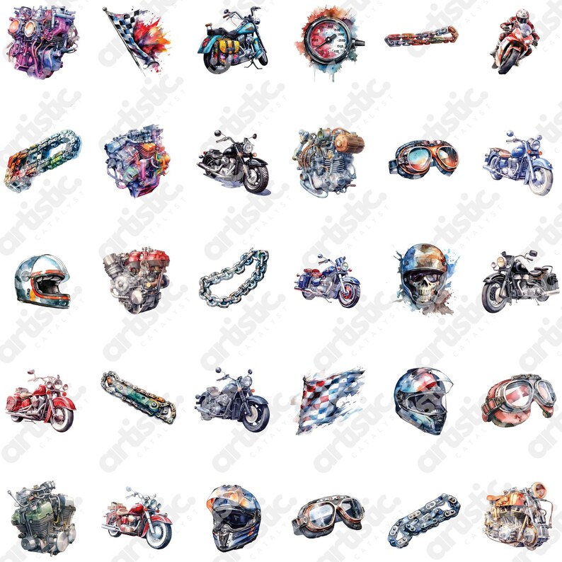 Motorcycle clipart set with transparent and white background options for decals and paper crafts.