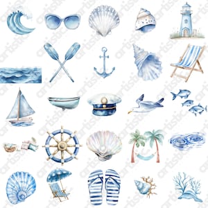 Outdoor Nature and Seaside Themed Illustrations with watercolor seashells, driftwood candles, hammock setups, and tranquil ocean scenery, ideal for coastal printables.