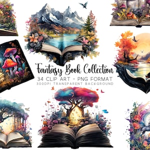 A collage of different watercolor story books themed clipart images, evenly spaced out on a white background, showcasing the rich color and intricate design details.