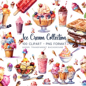 Ice Cream Clipart Bundle PNG Files - Assorted Flavors, Sundaes, Banana Splits 100 High Resolution, Transparent Background