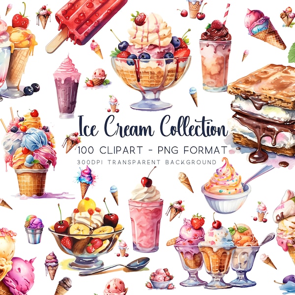 Eiscreme-Clipart-Bundle PNG-Dateien - verschiedene Geschmacksrichtungen, Eisbecher, Bananensplits 100 hohe Auflösung, transparenter Hintergrund