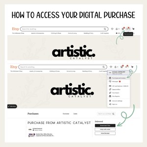 Navigate to your Etsy downloads with ease, illustrated by the artistic CATALYST logo, showing a clear path from the Etsy homepage to your sports clipart collection.