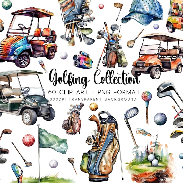 Golf Clipart, Gift for him, Golf Club PNG, Transparent & JPG, Sublimation Tshirt, Tee Off Clip art, Golfer Bundle | 60 Images