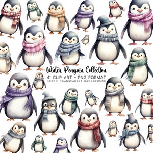 Paquete de imágenes prediseñadas de pingüinos: imágenes prediseñadas navideñas y saludos de temporada PNG: archivos JPG de pingüinos de invierno, sublimación navideña, decoración navideña para niños