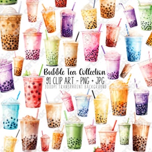 Pacote de clipart Boba - Chá de bolhas em aquarela, adesivos para impressão, clipart de verão, Goodnote, menu de bar de casamento infantil, licença comercial