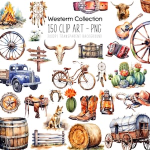 Ranch Clipart Western Watercolour Bundle Set PNG - Cowboy and Cowgirl Designs, Desert Cactus, Boots, Hats, Dream Catchers, and Printable Art