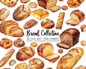 Könnte beinhalten: Eine Sammlung von 90 Aquarell-Illustrationen verschiedener Brotsorten, darunter Sauerteig, Roggen, Baguette und Challah. Die Illustrationen sind realistisch gehalten und zeigen eine Vielzahl von Texturen und Farben. Das Brot ist auf weißem Hintergrund dargestellt.