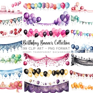 Birthday Banners Bundle Clipart Graphic Set | Watercolor |99 PNG & JPG | Transparent Background | Instant Download
