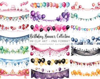 Birthday Banners Bundle Clipart Graphic Set | Watercolor |99 PNG & JPG | Transparent Background | Instant Download