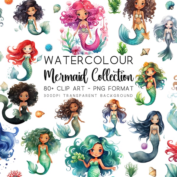 Mermaid Clipart, Bundle of Black Women Clipart 80, PNG/JPG, Transparent Background, DIY Sublimations, Ocean Graphics