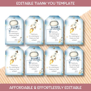 Etiqueta de agradecimiento de astronauta editable e imprimible de 2,5 x 4 pulgadas: etiquetas de regalo personalizadas para fiesta de cumpleaños o baby shower Descarga de archivo