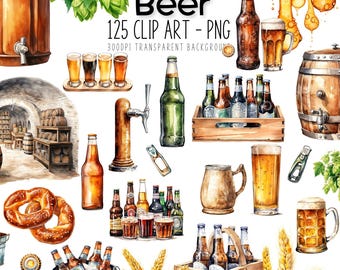 Bier clipartbundelset, 125 bier clip art PNG JPG, aquarel, transparante achtergrond, scrapbooking, label maken