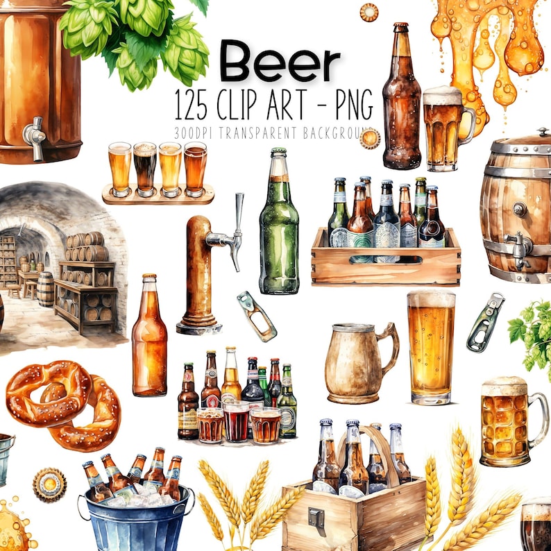 Beer Clipart Bundle Set, 125 Beer Clip art PNG JPG, Watercolour, Transparent Background, Scrapbooking, Label Making