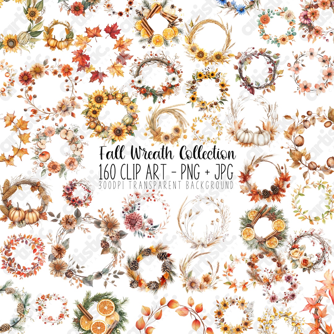Watercolor Fall Wreath Clipart: Autumn Flowers PNG Bundle (digital ...