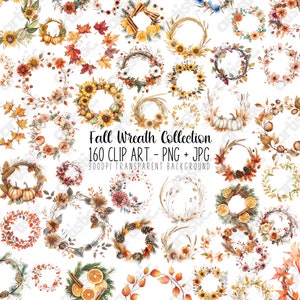 Clipart Couronne d'automne - Couronnes d'automne florales aquarelle PNG Fleurs sauvages, feuille d'érable, blé, Bohème, Cottagecore, décoration d'automne pour projets de bricolage