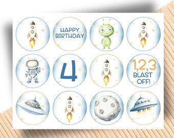 Decorazioni per cupcake a forma di astronauta: baby shower galattico, compleanno (modello Canva)