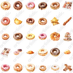 Detailed array of watercolor donuts clipart, perfect for print and digital design projects.
