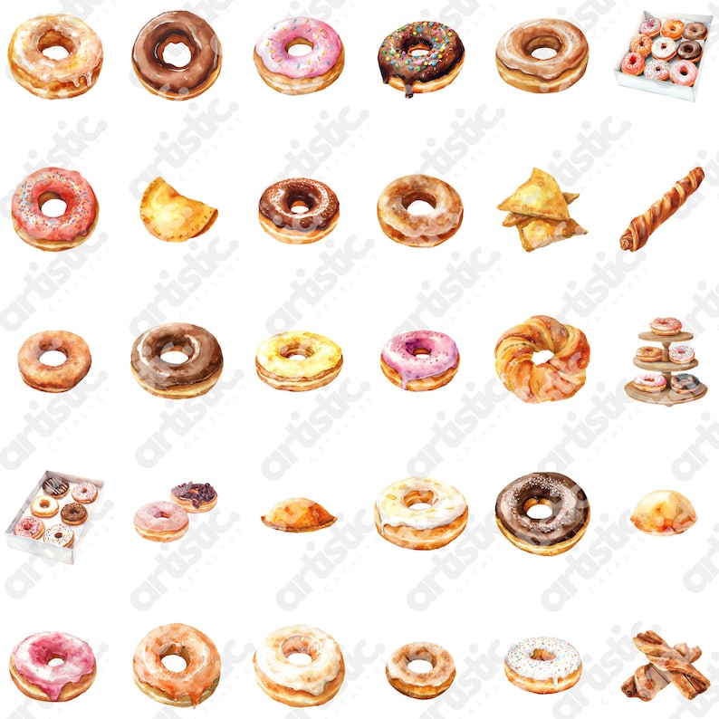 Detailed array of watercolor donuts clipart, perfect for print and digital design projects.