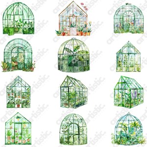 Printable wall art of a watercolor greenhouse scene, soft colors, for home decor