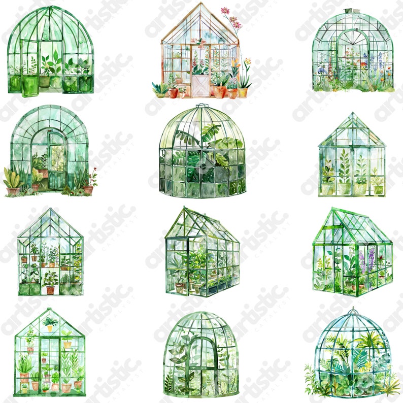 Printable wall art of a watercolor greenhouse scene, soft colors, for home decor
