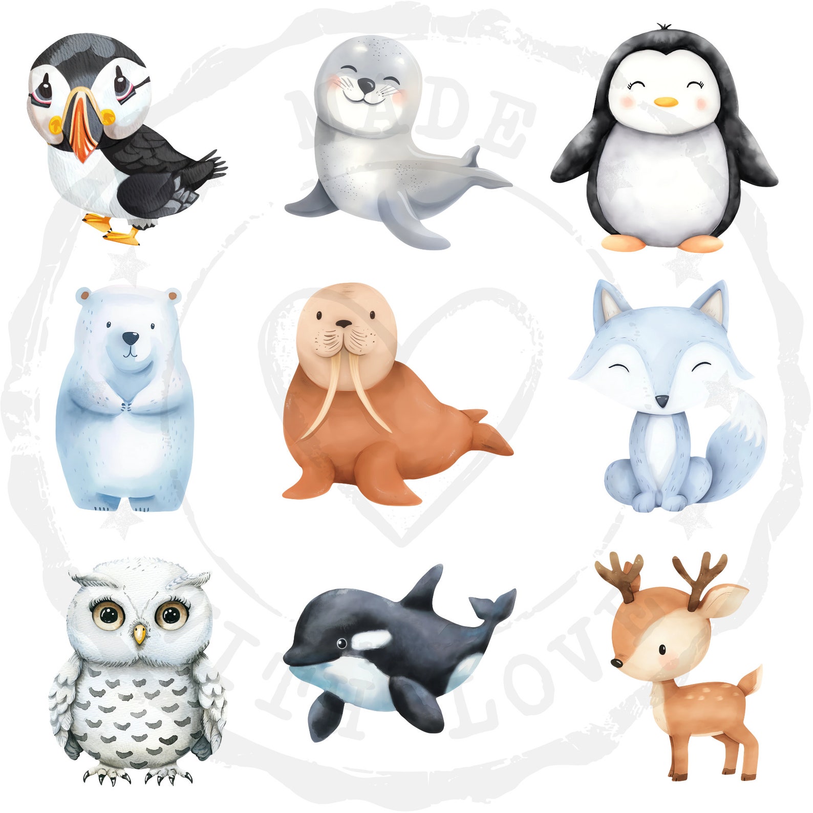 Arctic Animals Clipart Bundle: Watercolor Winter PNG Images (digital ...