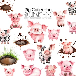 Watercolor Pig Clipart – Farm Animals Sublimation Bundle (PNG)