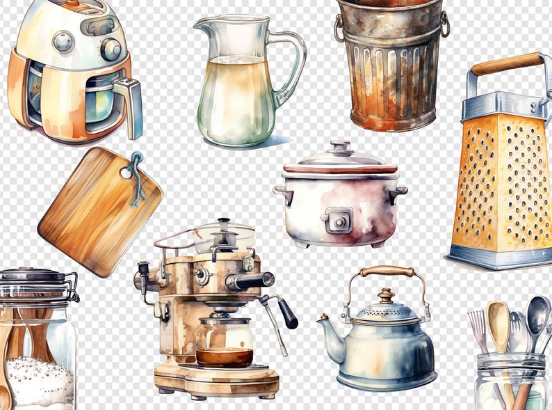 Slide presenting clipart images on a gray checkered transparent background, emphasizing the detailed watercolor designs and vibrant color palette