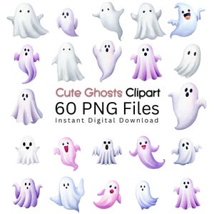 Pode incluir: Uma coleção de clip art de fantasmas em estilo aquarela em várias poses e cores, incluindo branco, lavanda e rosa. O texto "Cute Ghosts Clipart" e "60 PNG Files" é exibido, juntamente com "Instant Digital Download".