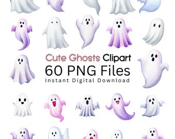 Pastel Halloween Ghost Clipart Bundle: 60 Kawaii Watercolor PNG (Digital Download)