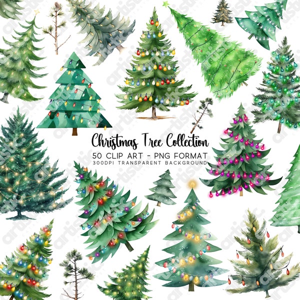 Christmas Tree Clipart Bundle: Charlie Brown Tree and Festive Holiday Tree PNG in Watercolor, Christmas Illustrations for Xmas Sublimation