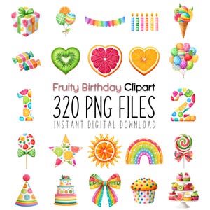 May include: A collection of colorful, watercolor-style illustrations featuring fruit-themed birthday party elements. Includes a gift box, balloons, candies, fruit slices, candles, a cake, and the text "Fruity Birthday Clipart 320 PNG Files Instant Digital Download."