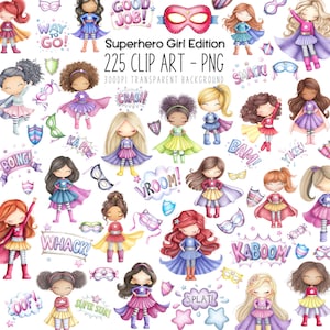 Superhero Girls Clipart PNG - Comic Action Wörter, Gesichtsmasken, Schilde & süße Helden Grafiken für Kindergeburtstag, Partydekor, Sublimationskunst
