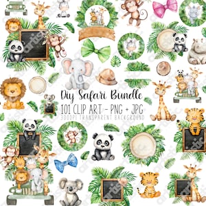Jungle Animals Clipart Bundle - Jungle Animals PNG e JPG, Baby Elephant First Birthday Party Decor, Card Crafting, Download digitale