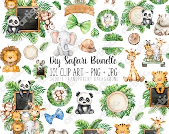 Jungle Animals Clipart Bundle: Watercolor Safari PNG JPG (Digital Download)