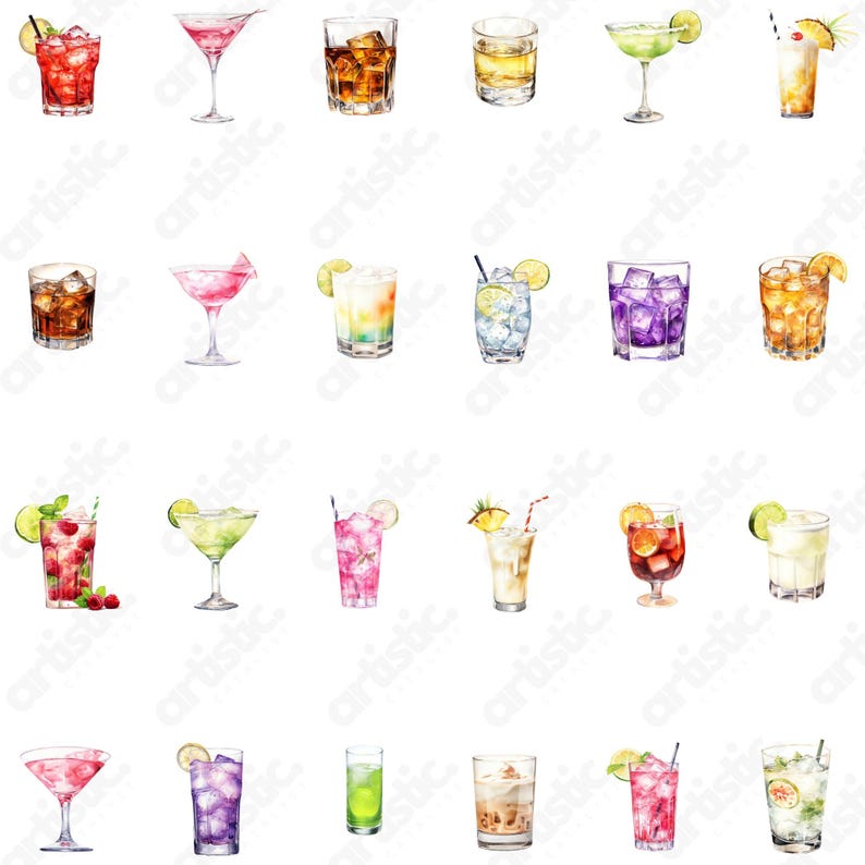 Additional layout of cocktail drink clipart images included in the download, previewing the full variety of beverages and garnishes.